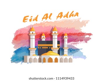 Eid Al Adha muslim holiday banner with mosque. Big religious event of arabian world. Holy architectural creation in water-colors vector illustration.
