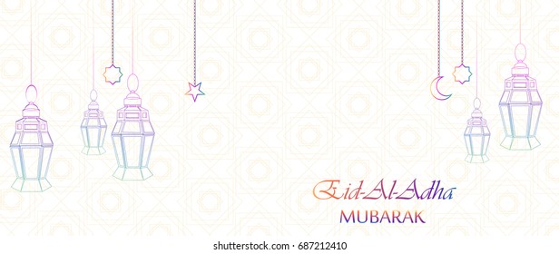 Eid Al Adha Muslim traditional holiday. Beautiful greeting card with hanging lanterns, moon and stars on abstract background. Vector.