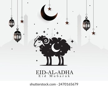 Diseño de póster de Eid al Adha en blanco y negro. Fondo de Eid con estrella, media luna, linterna y mezquita. Fondo de Ramadán. Islámico. Árabe. Ovejas.