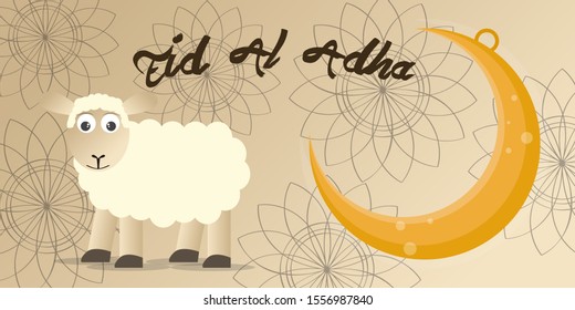 Eid al adha poster with a sheep and a golden moon - Vector illustration
