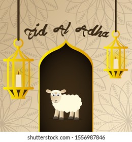 Eid al adha poster with a sheep and arabic lamps - Vector illustration