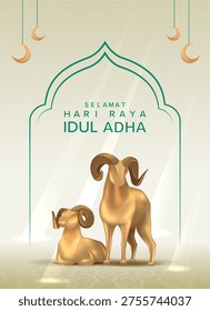 Eid Al Adha poster with vertical composition, 3d style golden goat and sheep illustration, and elegant Islamic arch. Idul Adha : Eid al adha