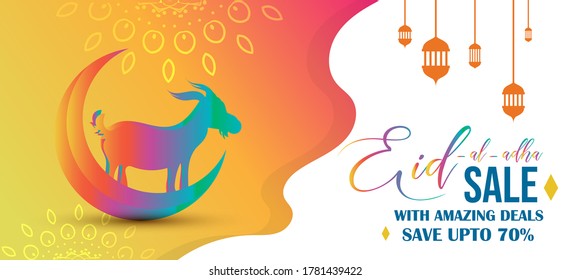 Eid Al Adha, Eid Qurban Sale Banner With Goat And Crescent Moon, Vector Illustration