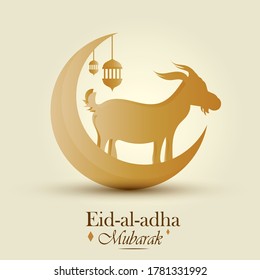 Eid al adha, Eid qurban semi realistic greeting poster with goat and crescent moon, illustration vector