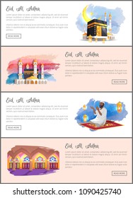 Eid Al Adha Ramadan celebration colorful banner with holy mosques, oriental design of temples praying on carpet muslim vector illustration text sample
