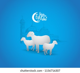 eid al adha ramadan design with mosque and sheep isolated on blue background. islamic design for ramadan purpose