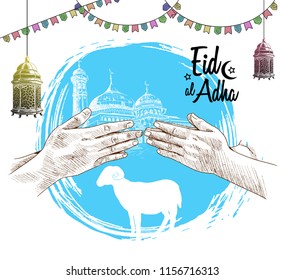 eid al adha ramadan design with hand forgive concept, mosque, lantern and sheep silhouette isolated on blue round background. islamic design for ramadan purpose