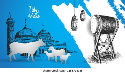 eid al adha ramadan design with bedug, mosque, sheep and cow isolated on blue backgroud. islamic design for ramadan purpose