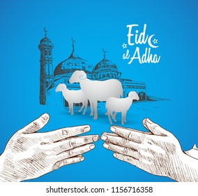 eid al adha ramadan design with hand forgive concept, mosque and sheep isolated on blue background. islamic design for ramadan purpose