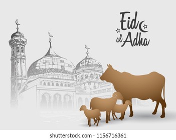 Eid al Adha ramadan design with mosque, sheep and cow. islamic design for ramadan theme purpose