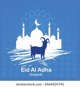 Eid al adha diseño de ramadán, mezquita, linterna y cabra aislados sobre fondo azul. diseño islámico para el propósito de ramadán