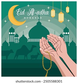 Eid al adha ramadan with prayer hands, mosque, camel lanterns and sheep. Flat vector modern illustration 