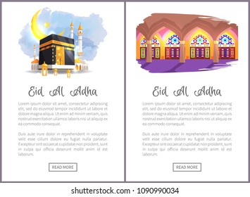 Eid Al Adha religious holiday web pages. Muslim mosque from inside with stained-glass windows and outside under young moon vector illustrations set.