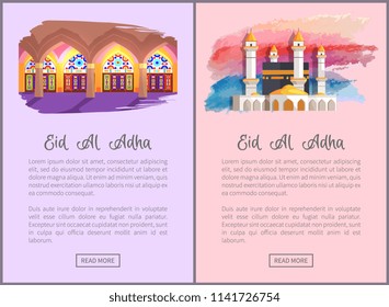 Eid Al Adha religious holiday info web pages set. Holy architectural constructions from inside and outside on online banners vector illustrations.