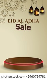 eid al adha sale discount portait template banner with blank space 3d podium for media social feed product sale with abstract gradient brown background design2