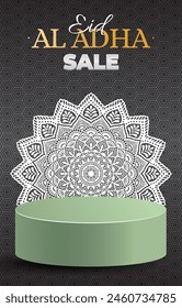 eid al adha sale discount portait template banner with blank space 3d podium for media social feed product sale with abstract gradient black background design