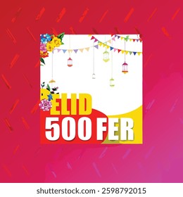 Eid al adha sale tag and Islamic mosque silhouette with a Muslim ornamental hanging lantern. This greeting card has an Islamic celebration background for graphic design vector stock illustration.
