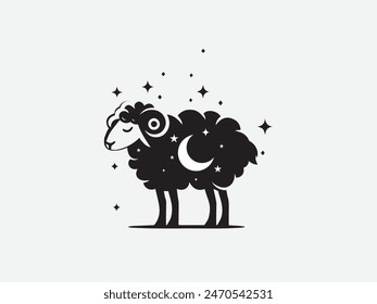 Eid Al Adha sheep vector. Black color sheep design. Eid Mubarak design. Islamic. Animale. Abstract sheep vector. Half moon. Star.