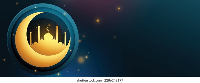 eid al adha shiny banner with golden crescent and mosque vector