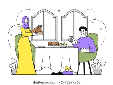 Eid Al Adha simple. Man and woman celebrate at table with food. Traditional islamix and muslim scene. Religious holiday and festival. Doodle flat vector illustration isolated on white background