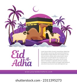 Eid Al Adha Social Media Banner Template With Sacrifice Animal Palm Tree Crescent Moon and Kaaba Background
