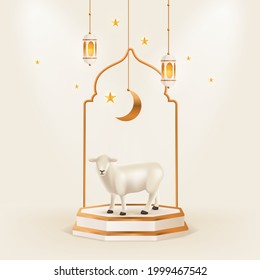 Eid Al Adha Square Banner With Realistic Sheep, Podium, Lantern, And Crescent Moon. Idul Adha Banner