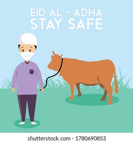 Eid Al- Adha Stay Safe, illustration graphic vector of Muslim with sacrificial animals - Cows
