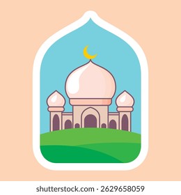 Eid al adha sticker design with the mosque with a large central dome and two smaller domes on either side on a lush green hill, and soft beige border of frame.