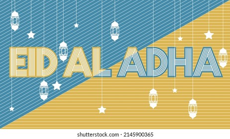 Eid al adha text aligned on linear lines of blue and golden color with stringed star and islamic lamp background vector image.