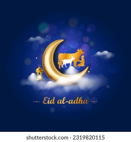 Eid al adha text with animals Goat, cow, moon and mosque background. Islamic Muslims festival of Sacrifice. Vector illustration.