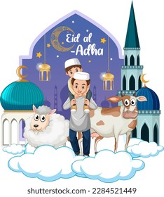 Eid al Adha text with Muslim family illustration