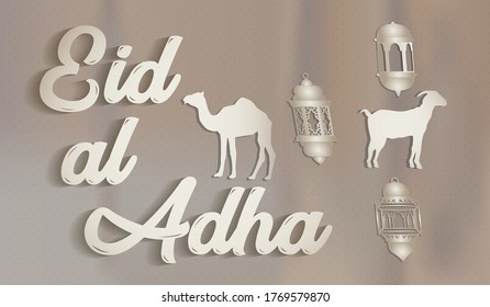 Texto de Eid al adha sobre color beige con patrones de puntos circulares fondo con camello y oveja. Ilustración vectorial.