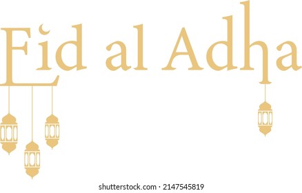 Eid al adha (Typografie) Text ethnisch dekoriert mit islamischer Lampe und Mond auf weißem Hintergrund, Vektorbild.