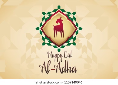 Eid Al Adha vector illustration and traditional calligraphy for celebration of muslim holiday with goat sacrifice in cream background