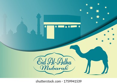Eid al Adha vector illustration. Mosque and Kaabah with camel. Eid Mubarak Islamic vector