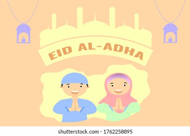 Eid al adha vector illustration. Islamic people vector and mosque