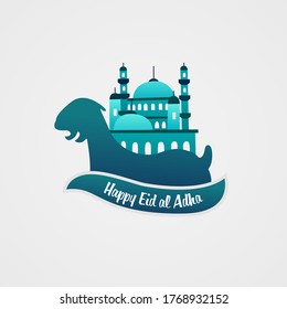 eid al adha vector ilustración mezquita azul con silueta azul fondo blanco roto con frase Eid al adha moslem evento islámico