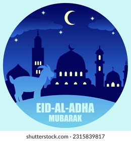 Eid al adha vector illustration for islam culture. Qurban design of goat and mosque for eid al adha mubarak. Islamic design of qurban for al adha event celebration in muslim culture and islam religion