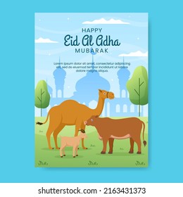 Eid al Adha Vertical Poster Template Social Media Flat Cartoon Background Illustration