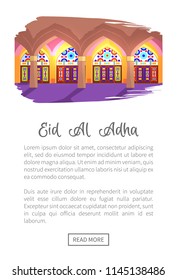 Eid Al Adha view of mosque inside, traditional ornamental architecture and decoration of sacred holy place, web page with text vector illustration
