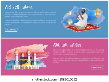 Eid Al Adha web banners with Arab man or mosque. Muslim religious holiday online promotion. Traditional ritual and architecture vector illustartions.