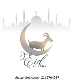 eid al adha white greeting with crescent moon and goat