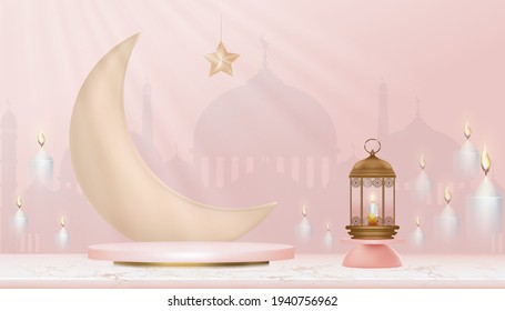Eid al Adha,3D Islamic Podium with pink gold crescent moon, traditional islamic lantern,candles and mosque. Horizontal Islamic Banner for Product Showcase,Product presentation, Cosmetic product