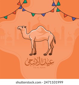 Eid al azha mubarak poster design template mosque arabic calligraphy camel orange  color background