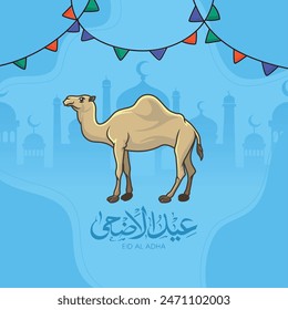 Eid al azha mubarak Poster Design Vorlage Moschee Arabische Kalligraphie Kamel Blau Hintergrund