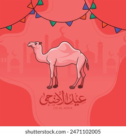 Eid al azha mubarak diseño de póster Plantilla mezquita arábiga caligrafía camello rojo color rosa fondo