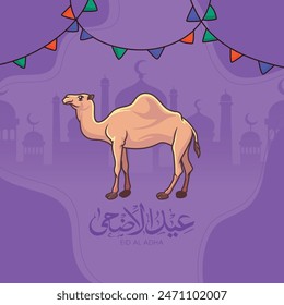 Eid al azha mubarak Poster Design Vorlage Moschee arabische Kalligraphie Kamel violette Farbe Hintergrund