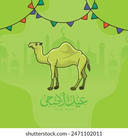 Eid al azha mubarak Poster Design Vorlage Moschee Arabische Kalligraphie Kamel Grün Hintergrund