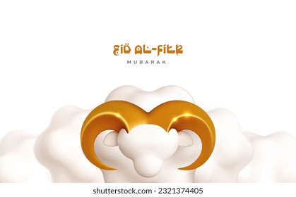 Eid al Fitr oder Eid al Adha mubarak vectoe Hintergrund. 3D-Vektorschaf-Symbol. Grußkarte, Baner, Vorlage mit süßen Schafen für arabischen Muschelurlaub.