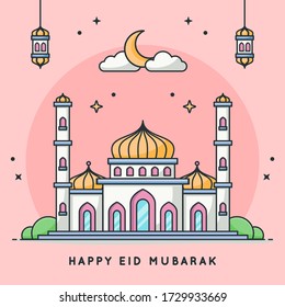 Eid al fitr background with colorful mosque. Vector illustration for islamic greeting card, poster, and banner.